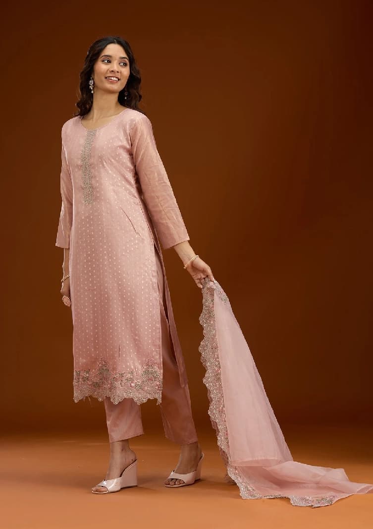 Women's Baby Pink Threadwork Tissue Readymade Salwar Suit with Dupatta
