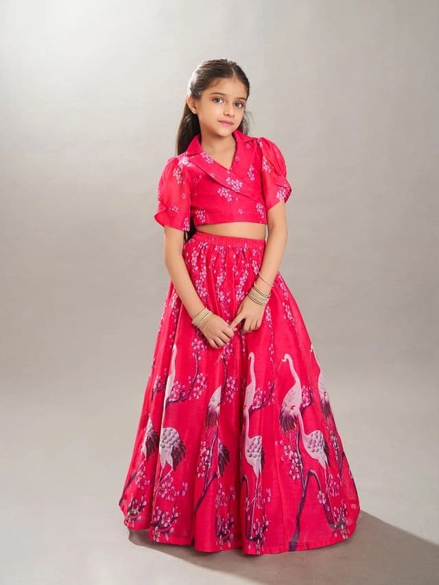 Girls Pink Printed Festive Lehenga with Choli