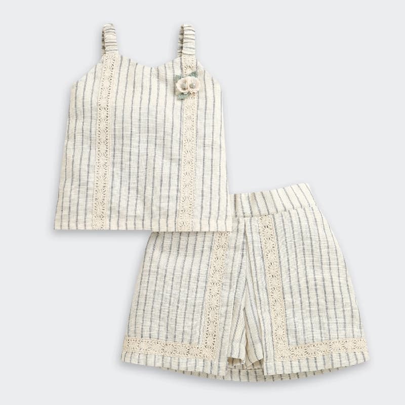 Girls Printed Sleeveless Top With Floral Applique & Striped Printed A-line Skort Set