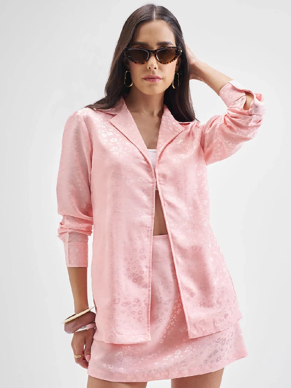 Women's Pink Casual Floral Printed Lapel Collar Blazer With Skirt