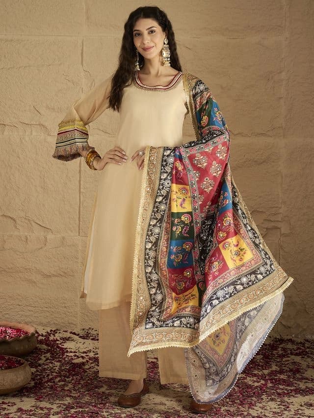 Women 's Beige Shimmer Kurta Set with Intricate Lace Detailing Paired with Palazzo and Dupatta