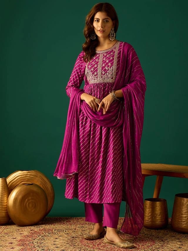 Women's Purple Bandhani Printed Anarkali with Zari-Embroidered Yoke Paired with Solid Trouser and Dupatta