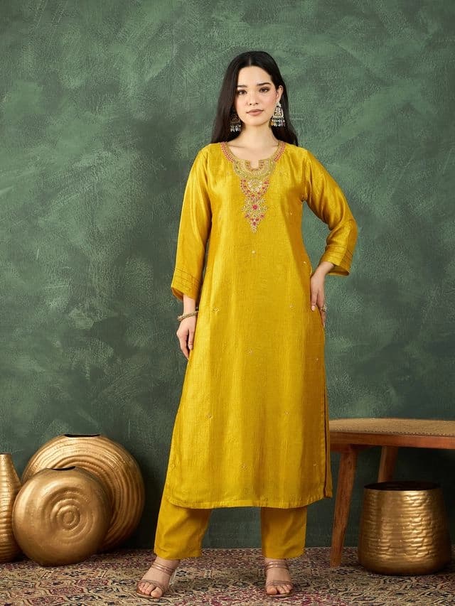 Women's Yellow Gracefully Beaded Yoke Kurta Paired with Solid Trouser and Dupatta