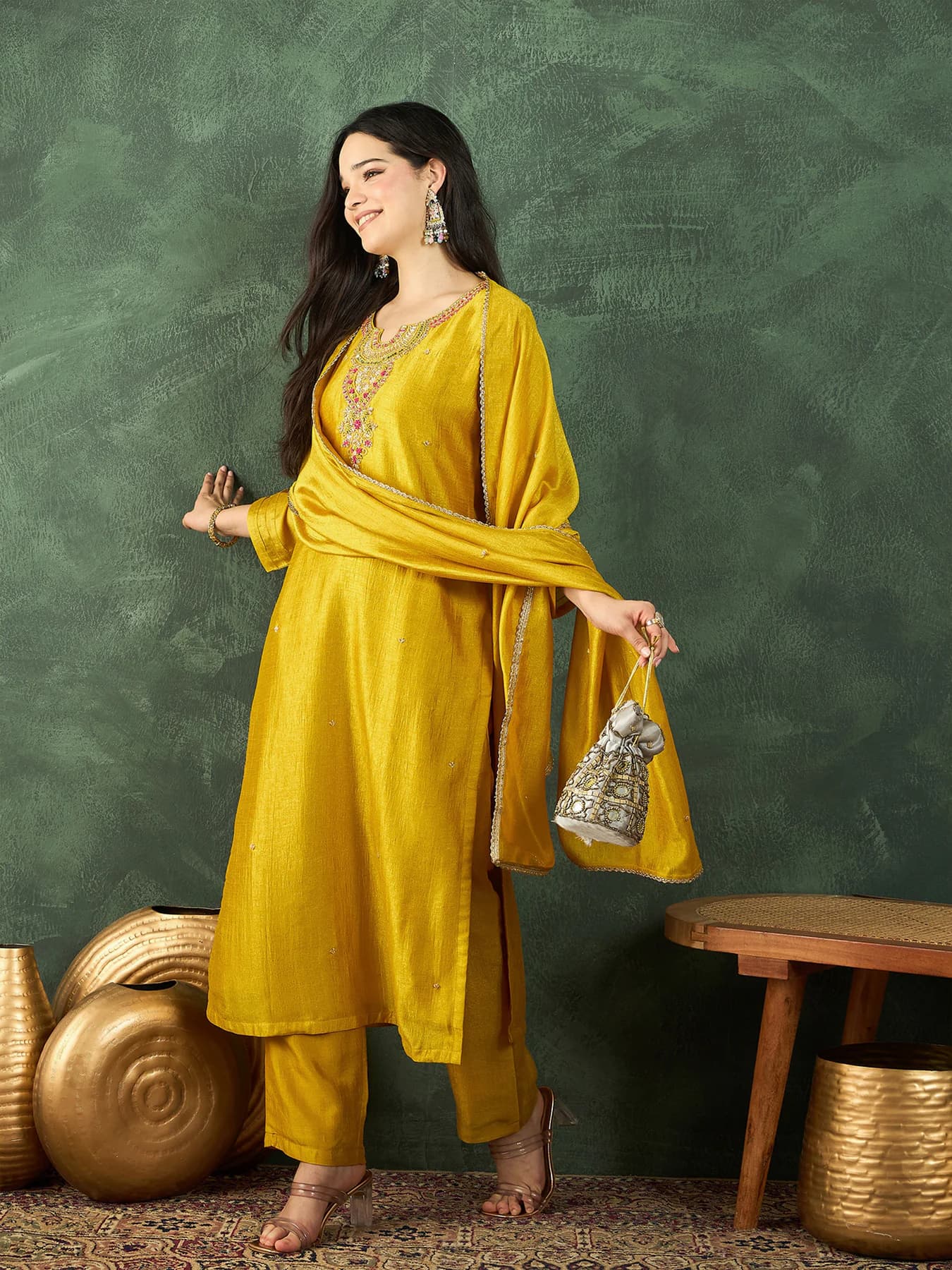 Women's Yellow Gracefully Beaded Yoke Kurta Paired with Solid Trouser and Dupatta