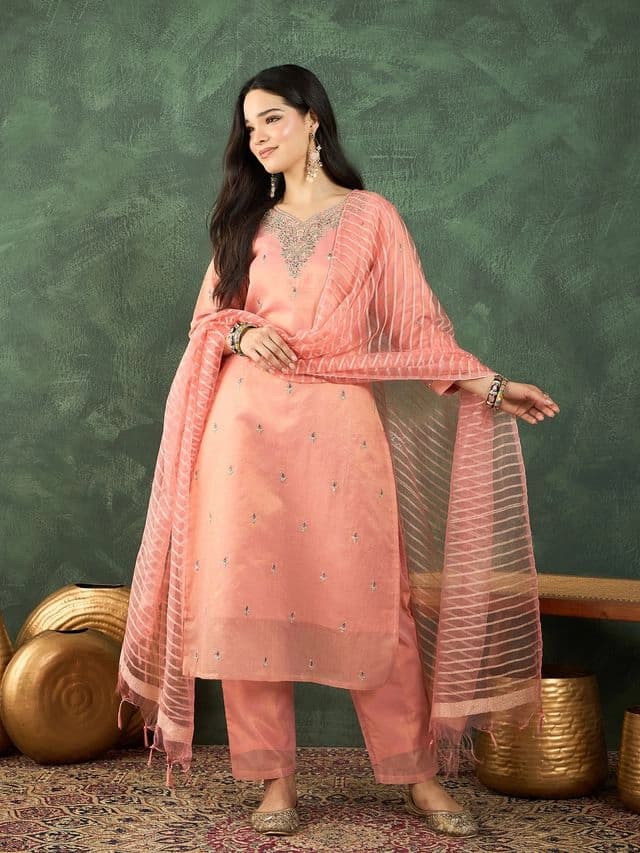 Women's Peach Zari-Embroidered Kurta Paired with Solid Trouser and Tonal Dupatta