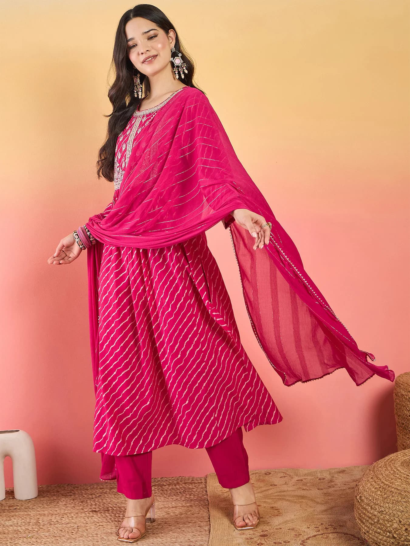 Women's Pink Bandhani Printed Anarkali with Zari-Embroidered Yoke Paired with Trouser and Dupatta