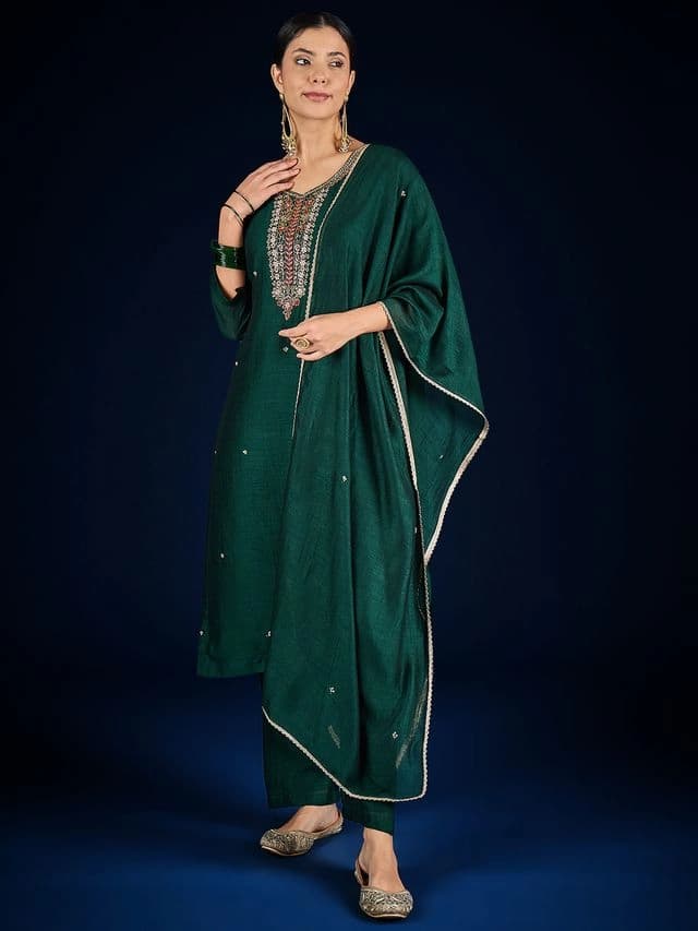 Women's Green Embellished V-Neck Kurta with Solid Trouser and Elegant Dupatta