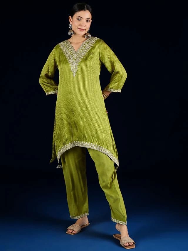 Women's Yellow C-Cut Kurta with Zari Embroidery and Ankle-Length Palazzo