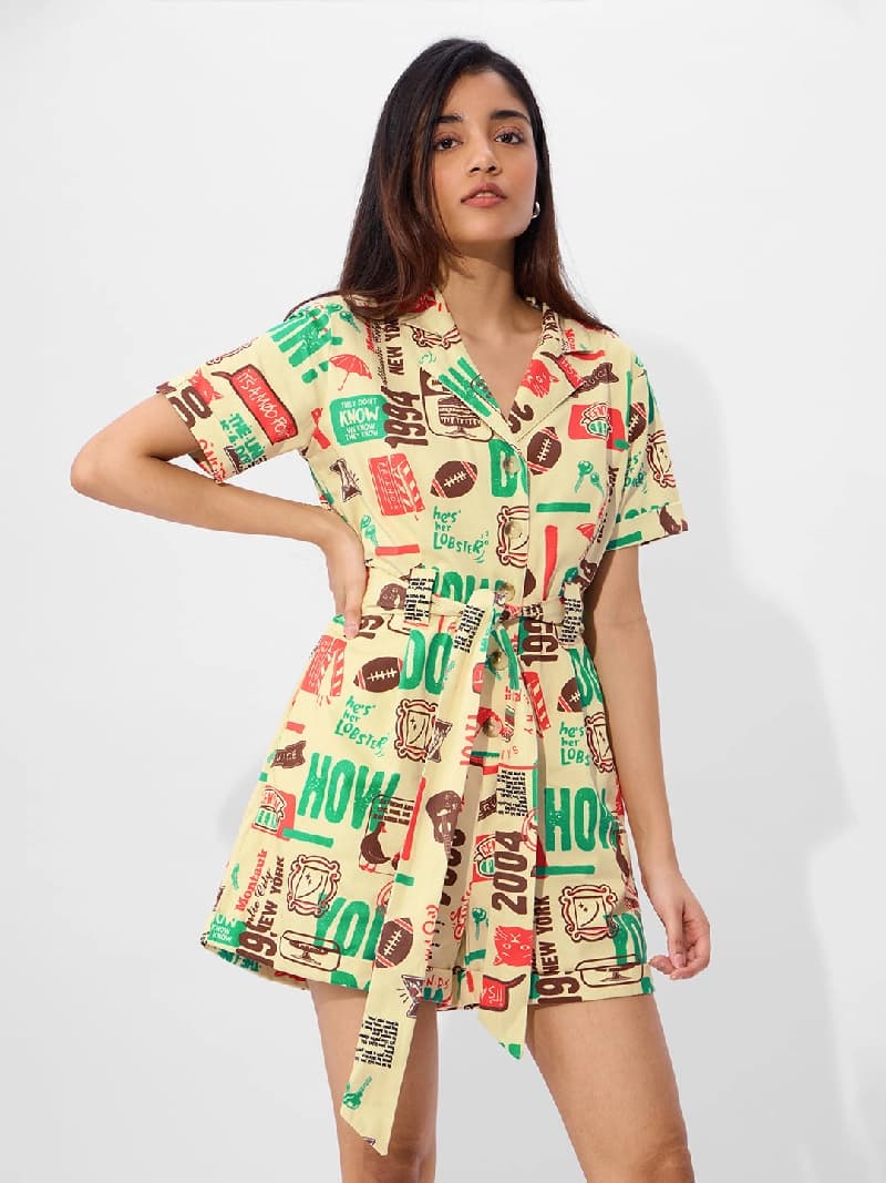Women's Yellow Casual Graphic Romper