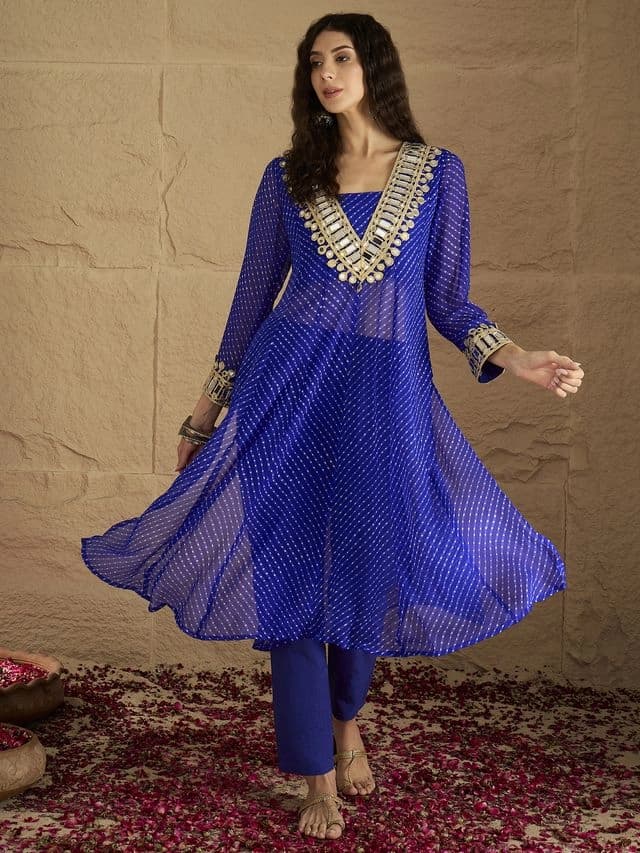 Women's Blue Graceful Kurta Set Featuring Gota Patti Paired with Solid Trouser