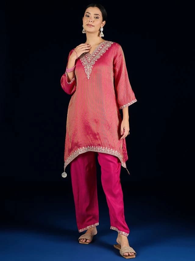 Women's Pink C-Cut Kurta with Zari Embroidery and Ankle-Length Palazzo