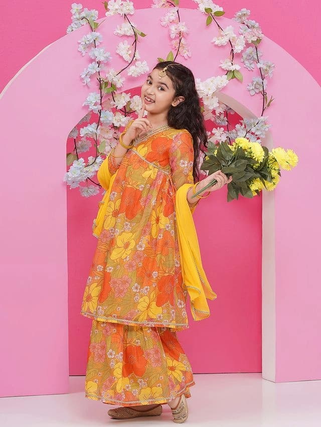 Girls Yellow Floral Printed Alia Design Kurta and Sharara With Dupatta