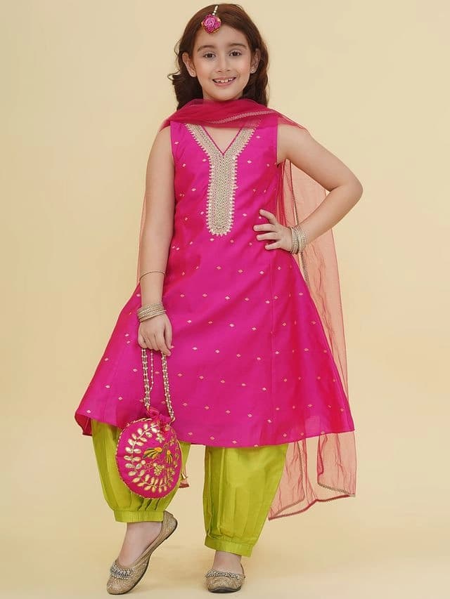 Girls Pink Self Design Kurta and Afgani Salwar With Dupatta