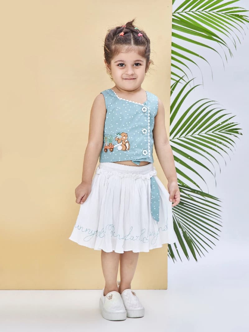 Girls Sea Green Casual Skirt with Top