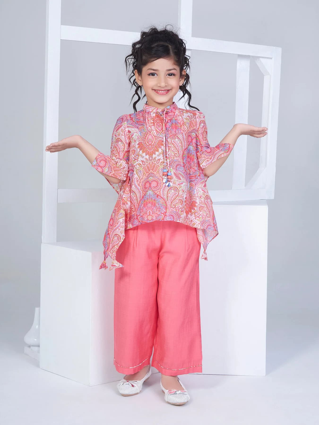 Girls Peach Festive Top With Inner & Pant