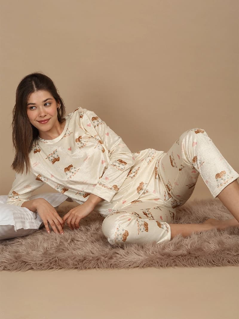 Women's Beige Casual Night Suit