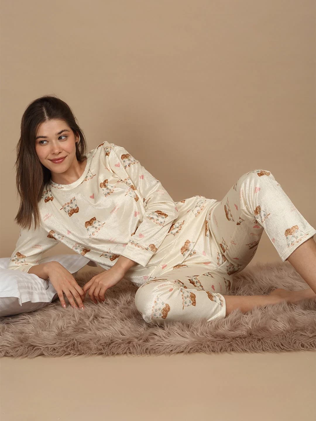 Women's Beige Casual Night Suit