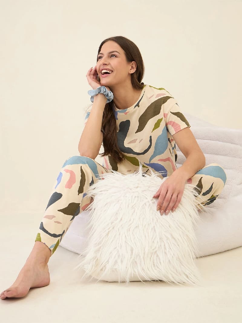 Women's Beige Casual Night Suit