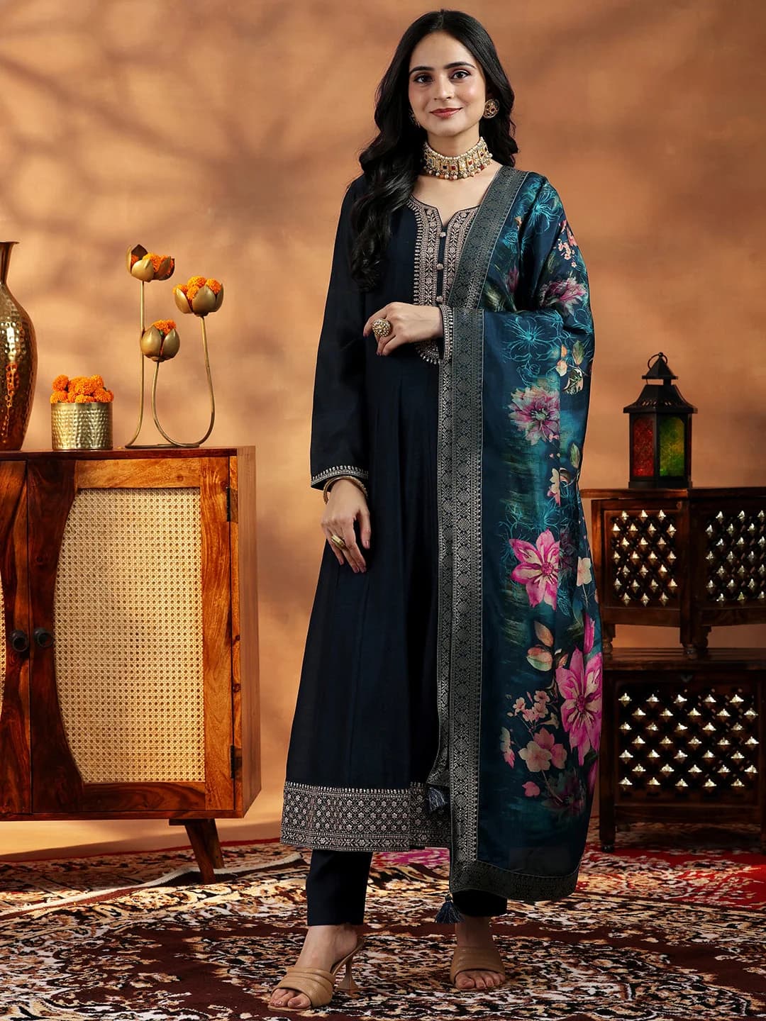 Women's Blue Festive Floral Kurta Set