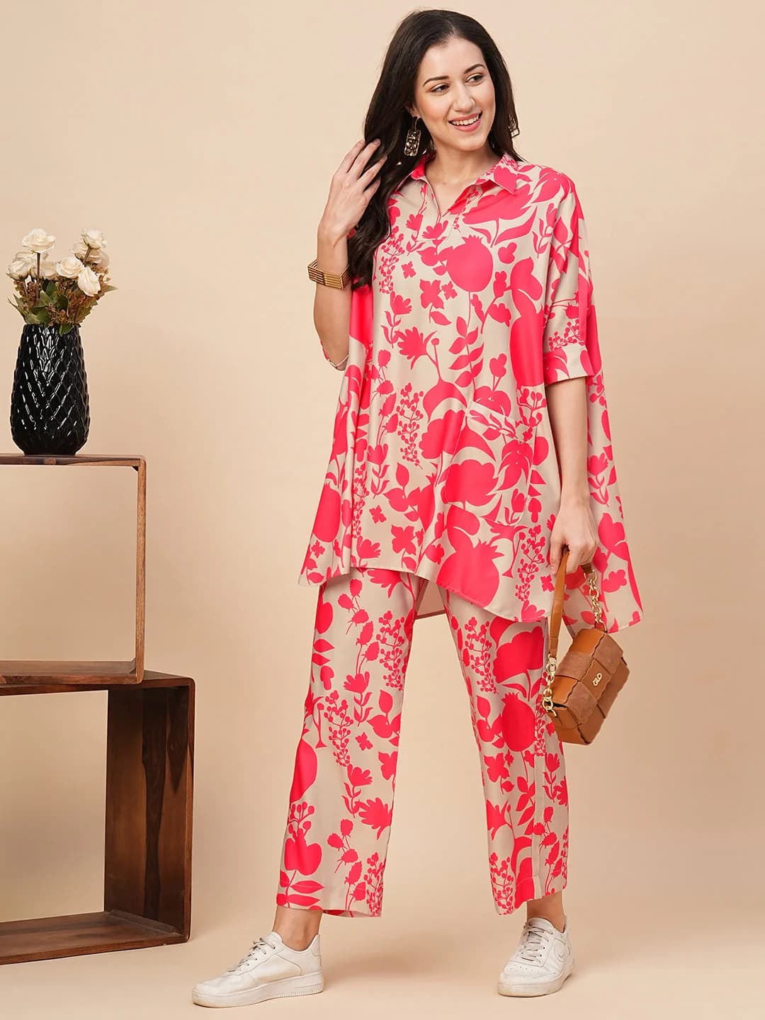 Women's Beige Casual Floral Co-ords Set