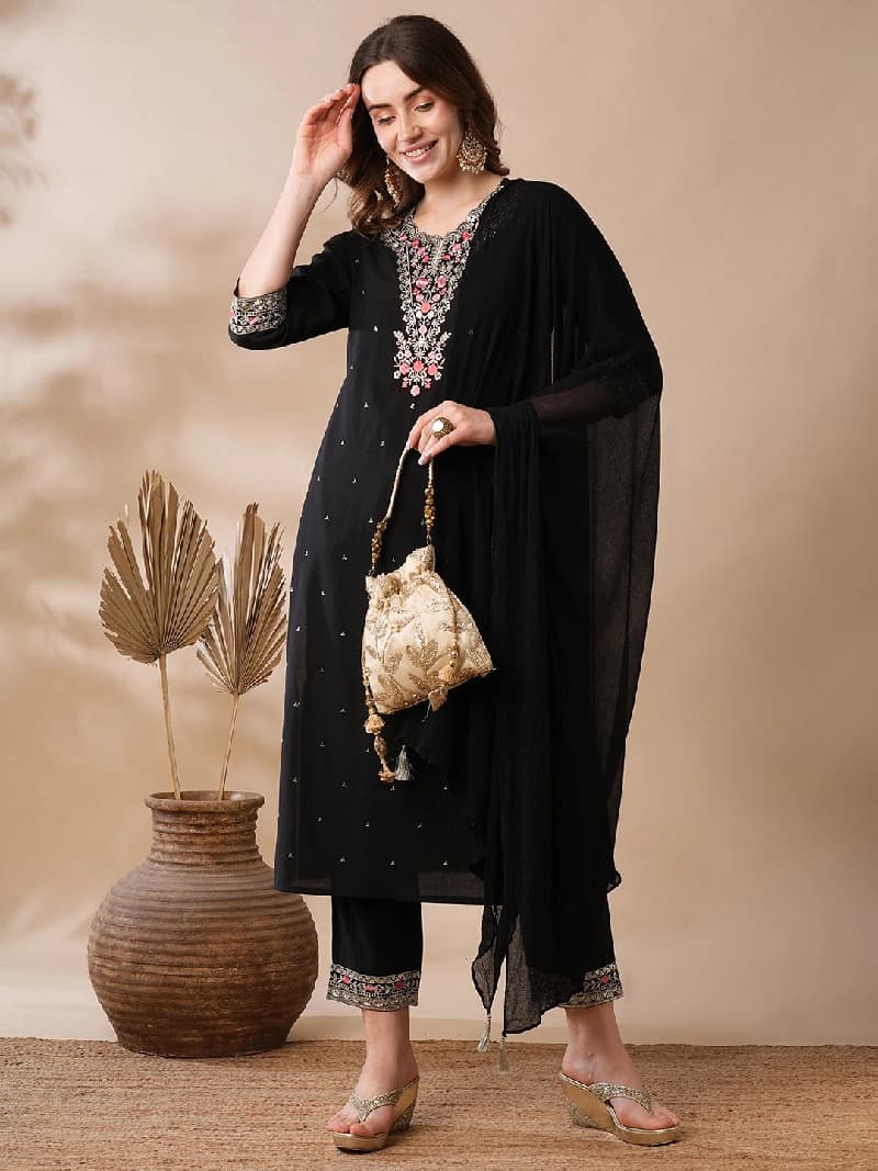 Women's Black Floral Embroidered V-Neck Sequinned Kurta with Trousers and Dupatta