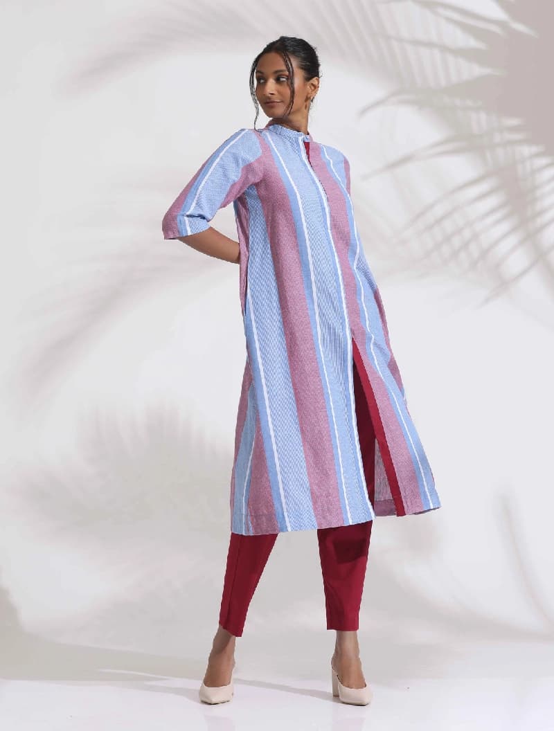 Women's Blue Casual Striped Kurta Set