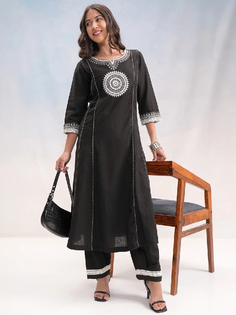 Women's Black & Silver Toned Motifs Embroidered Cotton A Line Kurta With Palazzo