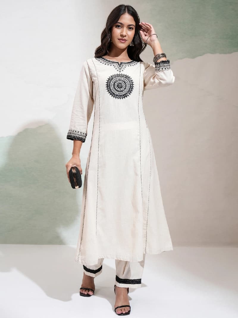 Women's Cream Festive Kurta Set