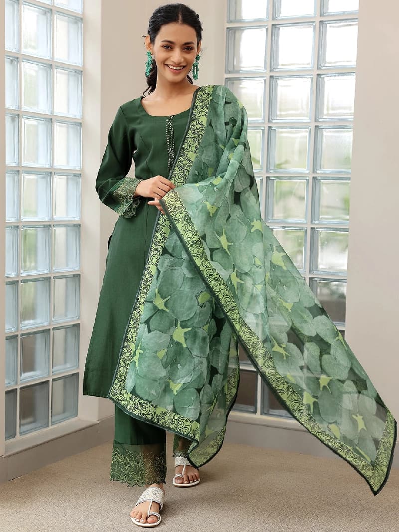 Women's Green Festive Solid Kurta Set