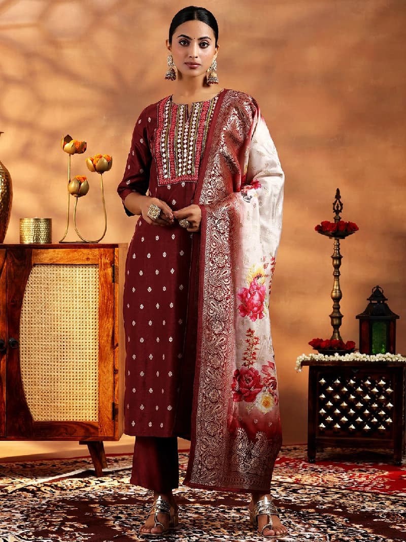 Women's Brown Festive Printed Kurta Set