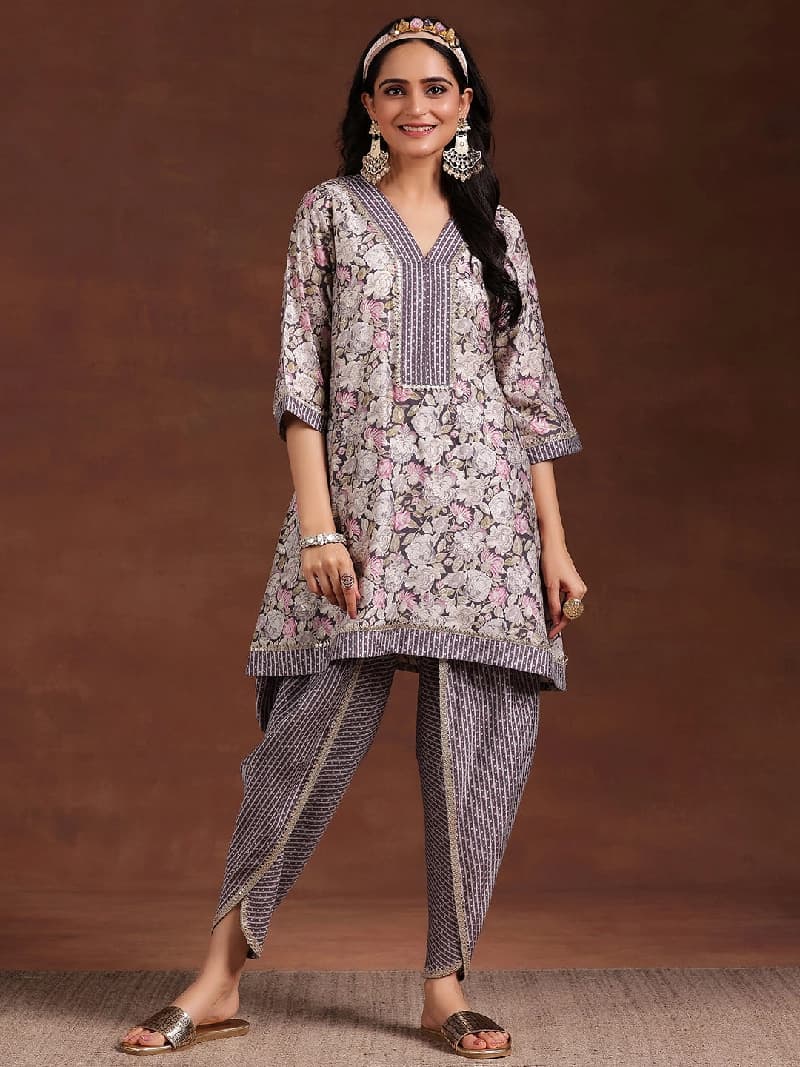 Women's Grey Festive Floral Kurta Set