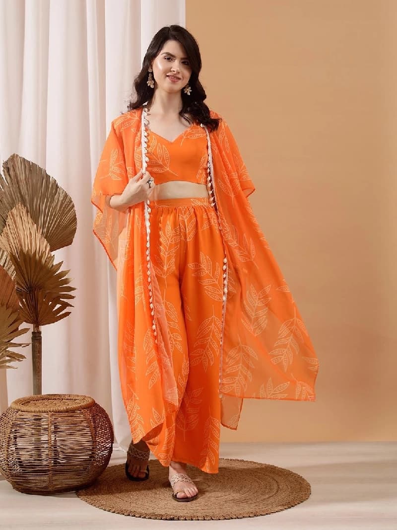 Women's Orange Floral Printed Crop Top, With Shrug & Palazzo Co-ords Set