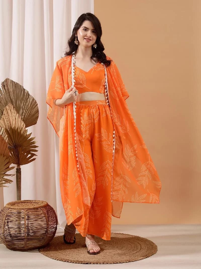 Women's Orange Floral Printed Crop Top, With Shrug & Palazzo Co-ords Set