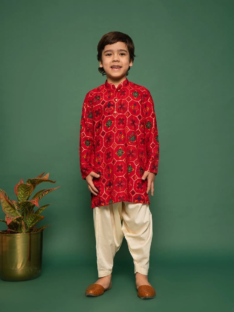 Boys Red Rayon Patola Printed Kurta With Patiala Set