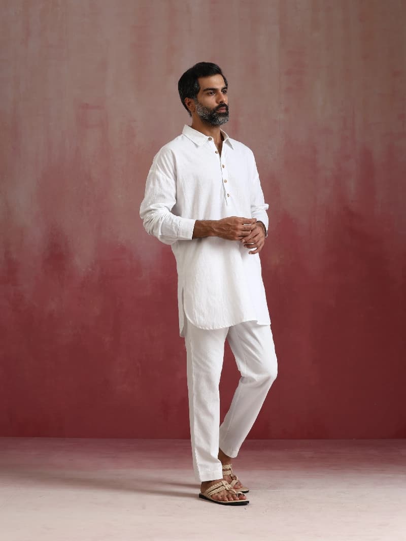 Men's White Festive Solid Co-ords Set
