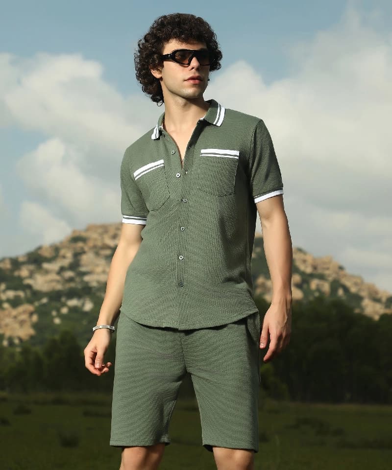 Men's Green Casual Striped Co-ords Set
