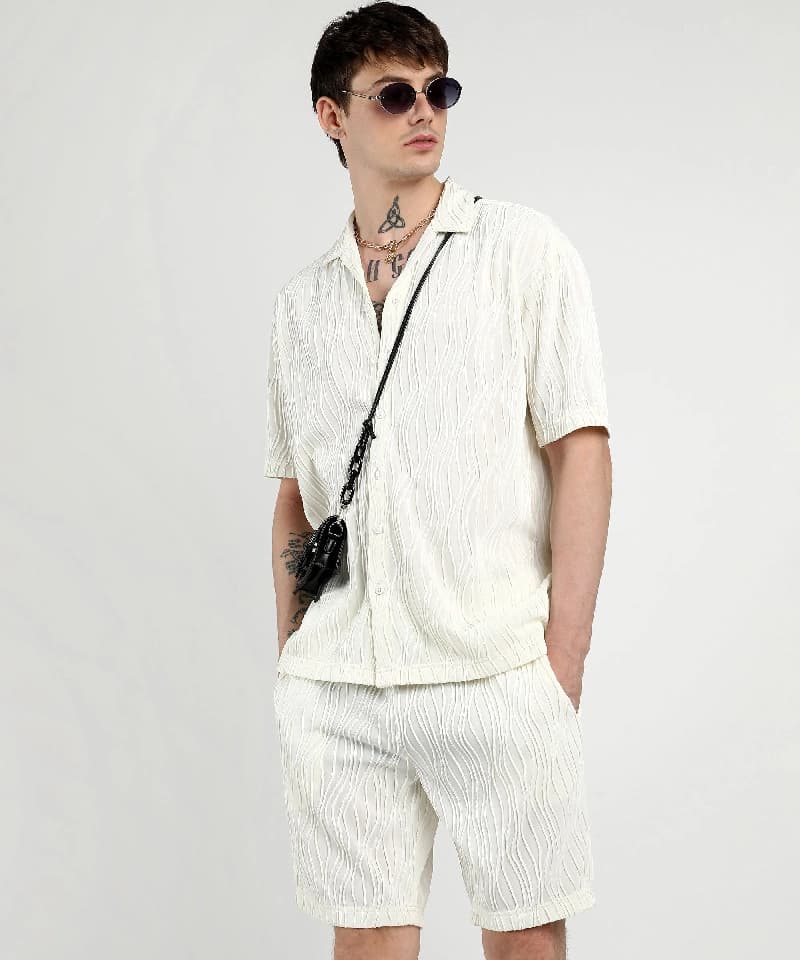 Men's White Casual Solid Co-ords Set