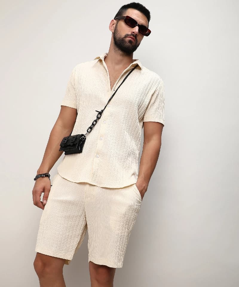 Men's Cream Casual Solid Co-ords Set
