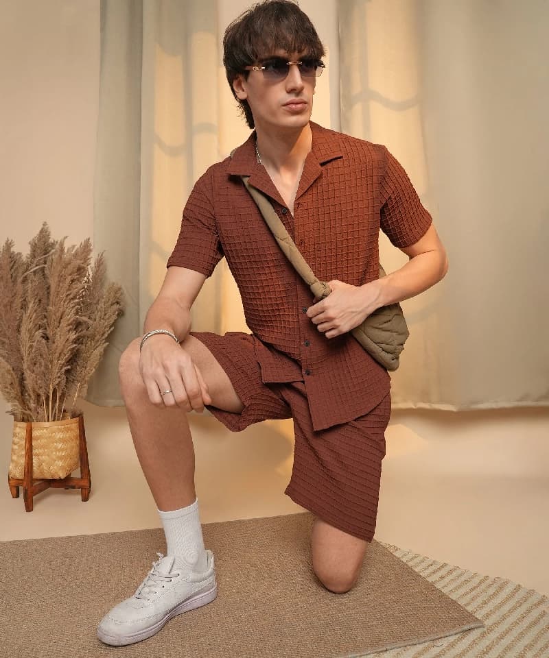 Men's Brown Casual Solid Co-ords Set