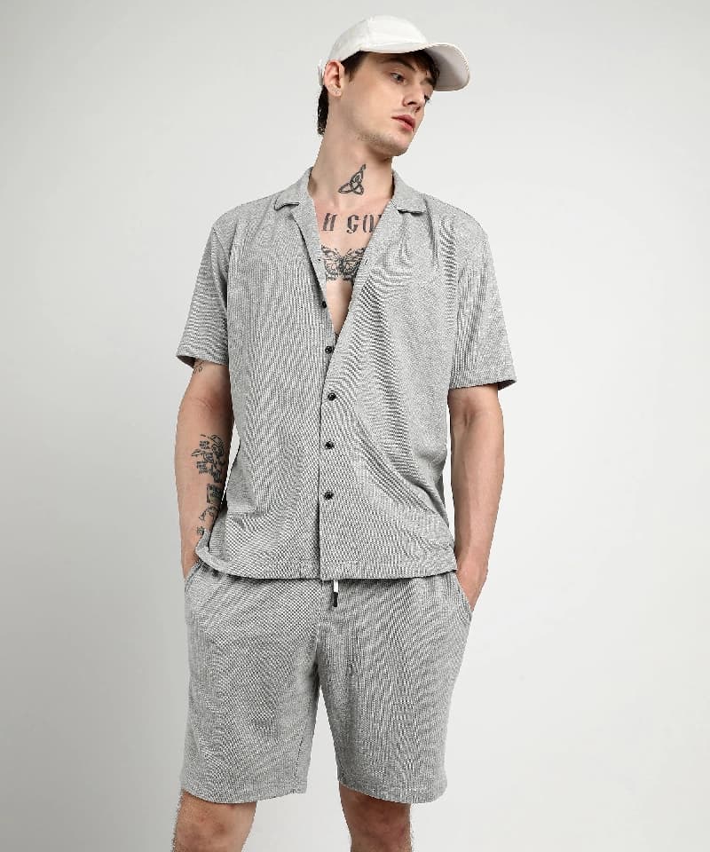 Men's Grey Casual Solid Co-ords Set
