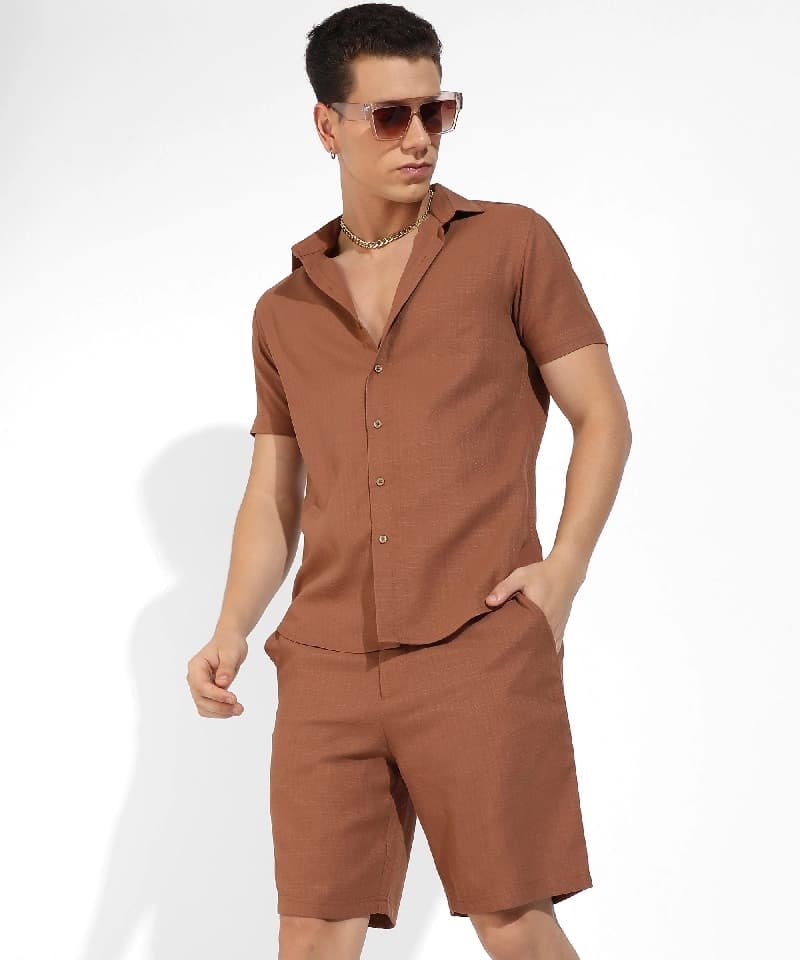 Men's Brown Casual Solid Co-ords Set
