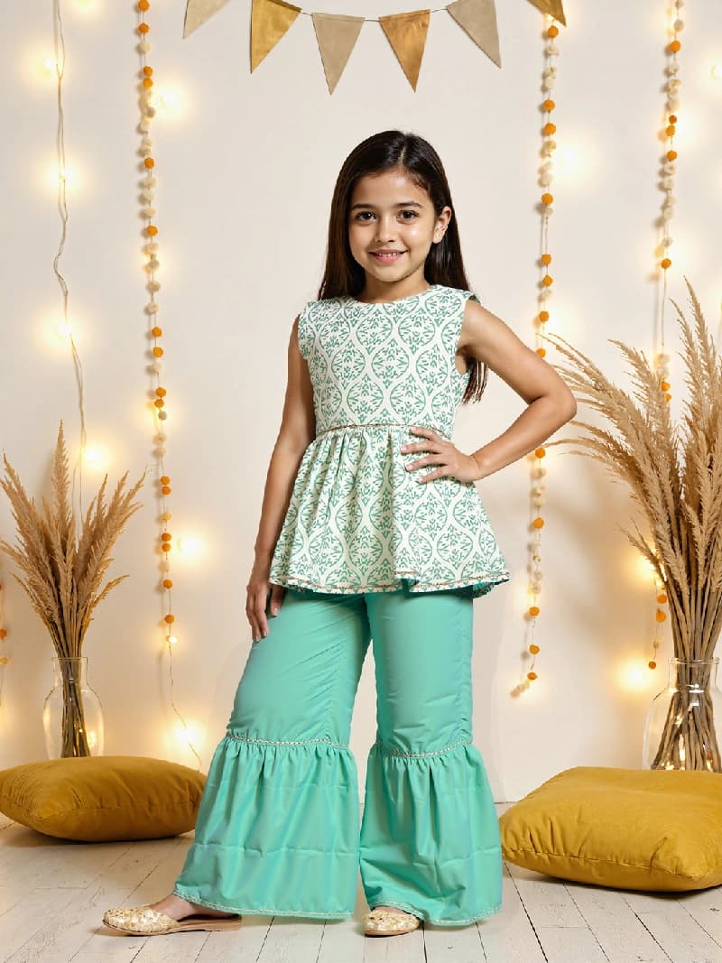 Girls Green Ethnic Top & Bottom Set