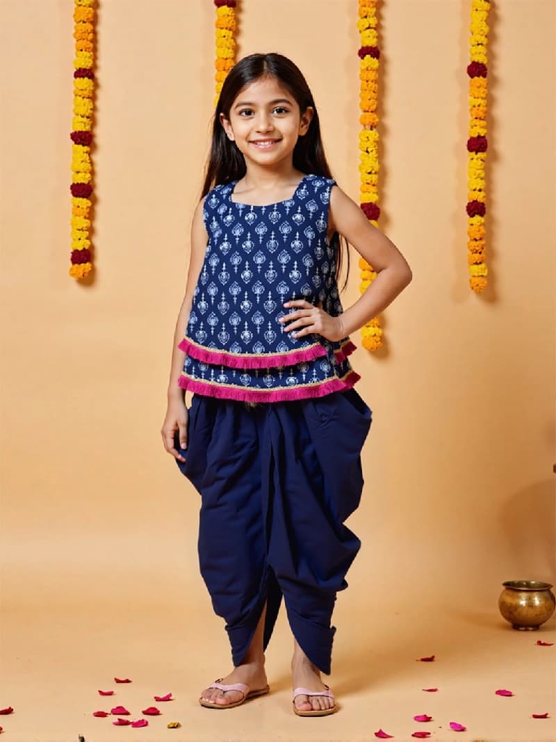 Girls Blue Cotton Festive Printed Kurta and Dhoti Set with Sling