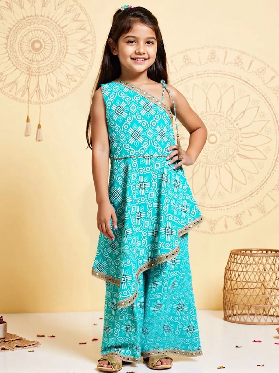 Girls Blue Cotton Ethnic Festive Kurta Set