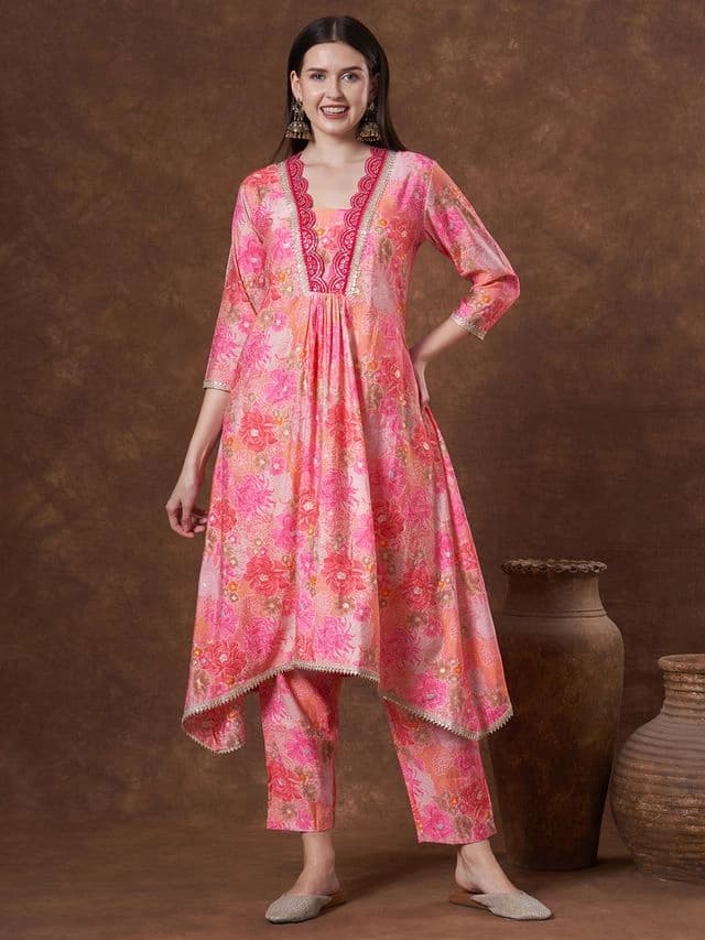 Women's Pink Casual Printed Co-ords Set