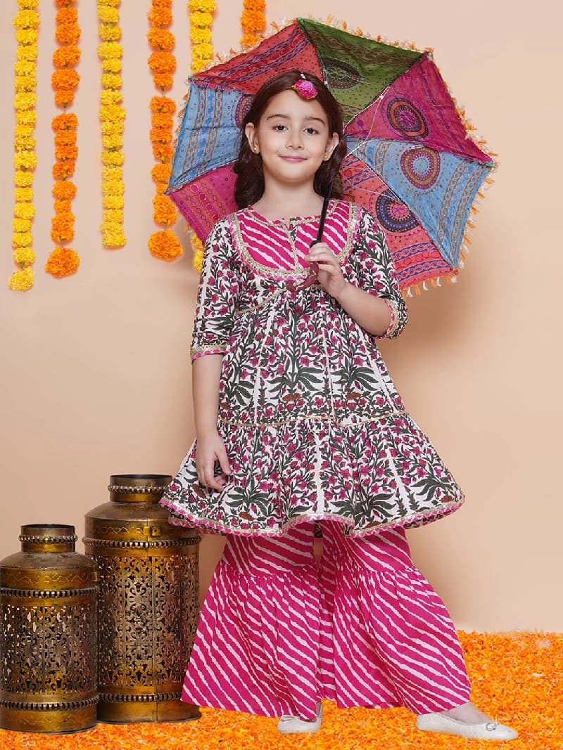 Girls Floral Printed Regular Pure Cotton Kurta with Sharara