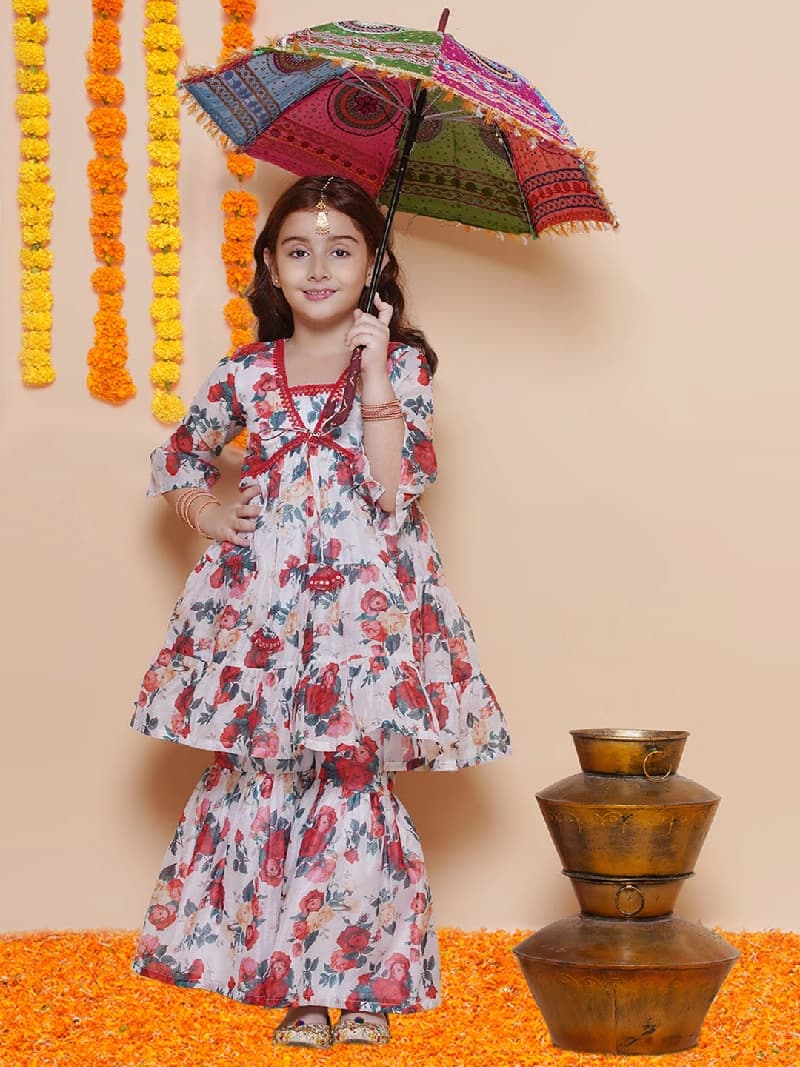 Girls Floral Printed Empire A-Line Kurta with Sharara