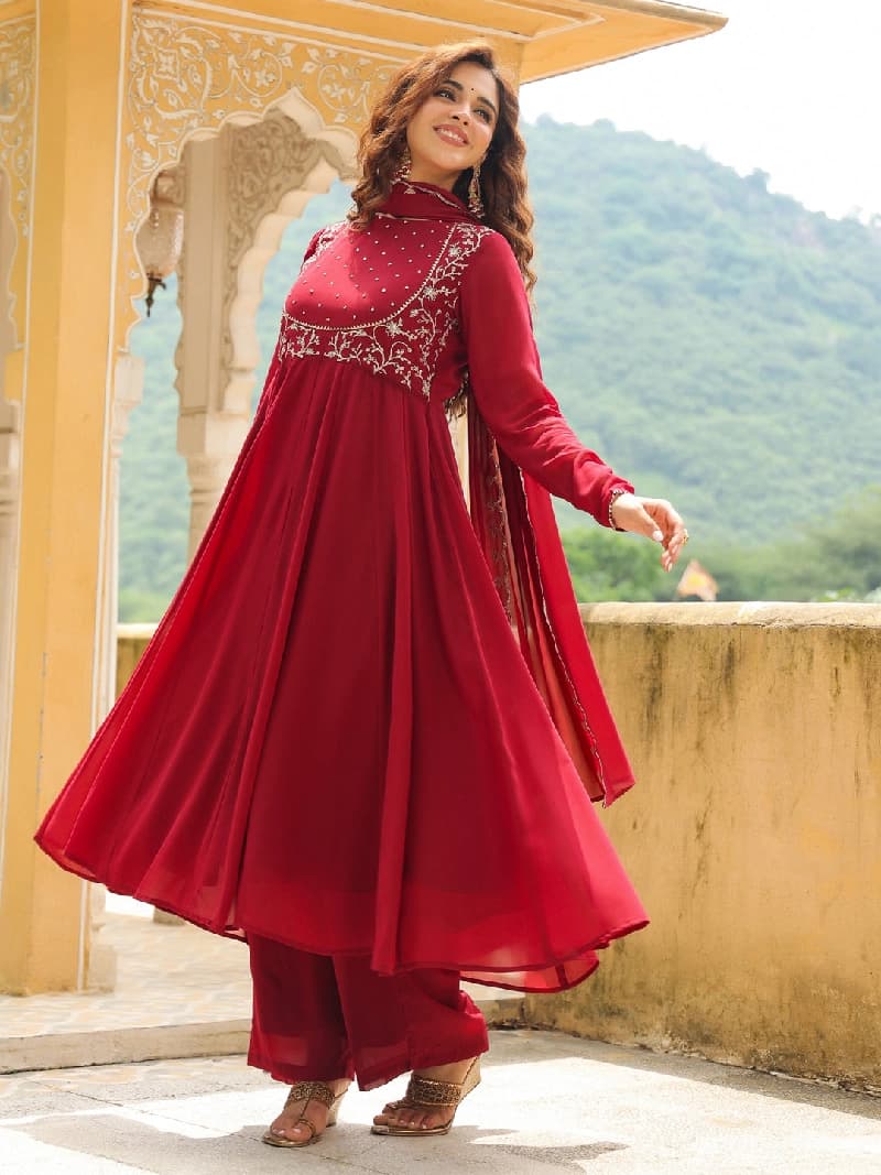 Women's Red Festive Kurta Set
