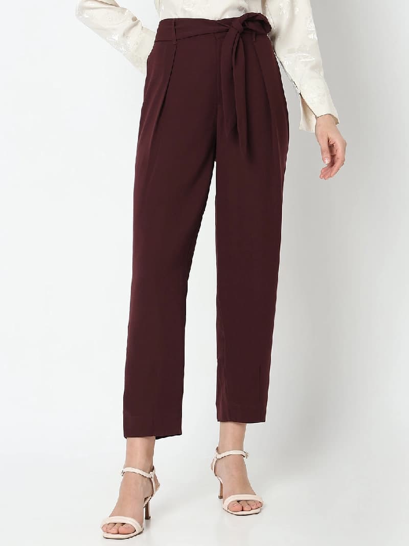 Women's Brown Formal Solid Tapered Fit Trouser