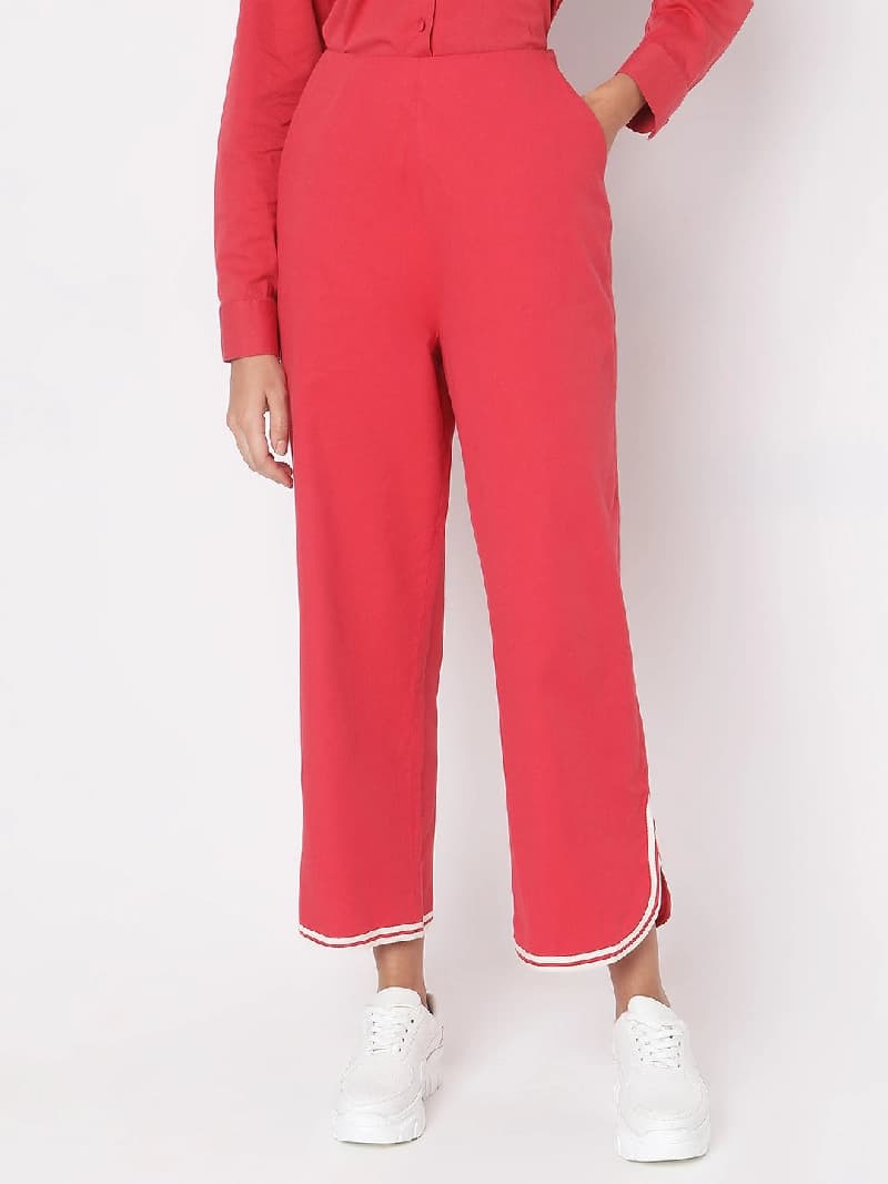 Women's Red Casual Solid Straight Fit Trouser